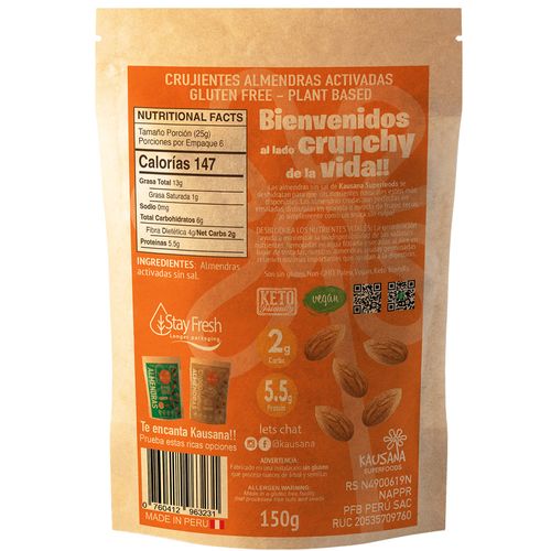 Almendras Activadas Deshidratadas 160 g Kausana Superfoods
