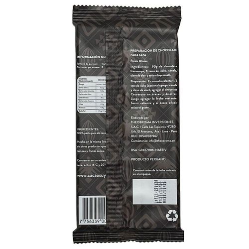 Chocolate para taza 100% Cacao Amador 90 g