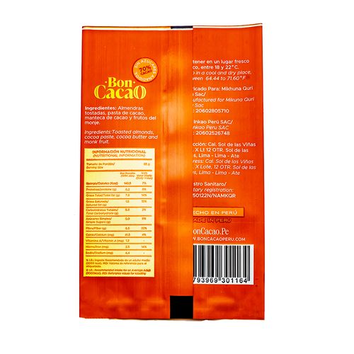 Almendras grageadas con chocolate 70% cacao endulzado con fruto del monje Boncacao 35g