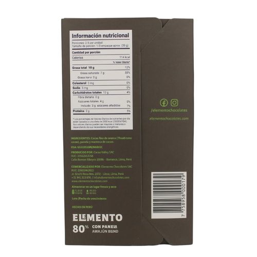Chocolate con Panela 80% Cacao Elemento 50 g