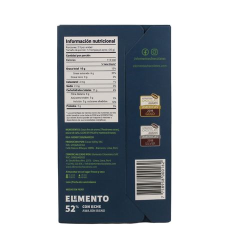 Chocolate origen 50g  Elemento 52% cacao con leche