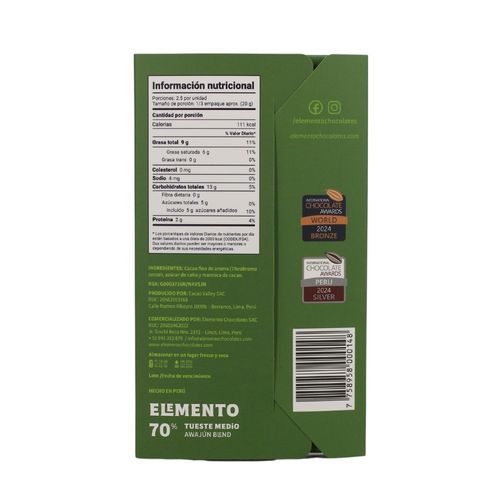 Chocolate Tostado Medio 70% Cacao Elemento 50 gr.