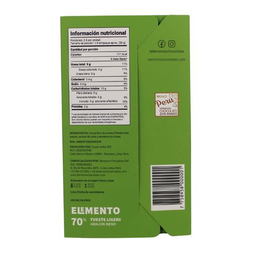 Chocolate Tostado Ligero 70% Cacao Elemento 50 gr.