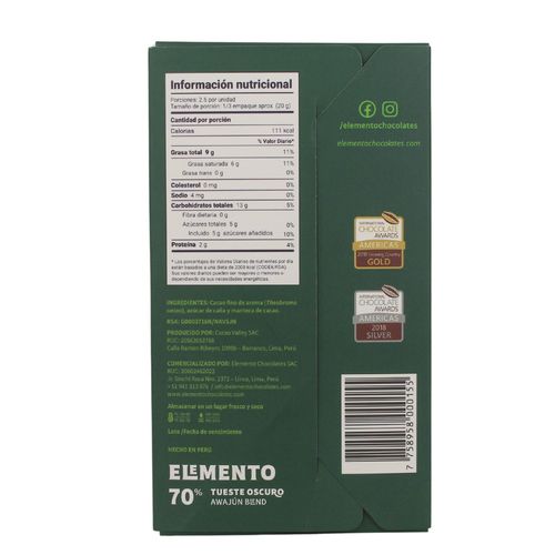 Chocolate Tostado Intenso 70% Cacao Elemento 50 gr.