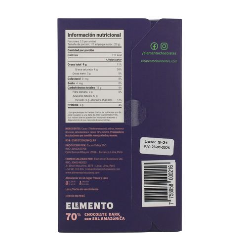 Chocolate 70% fusión con sal amazo 50gr Elemento