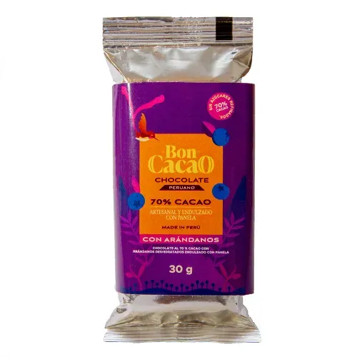 Barra de chocolate 70% cacao con arándanos deshidratado Boncacao 30g