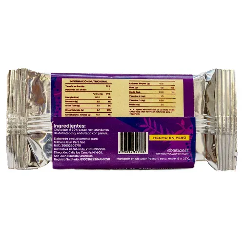 Barra de chocolate 70% cacao con arándanos deshidratado Boncacao 30g