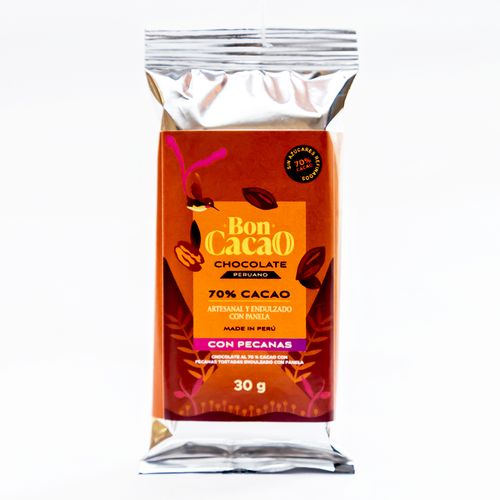 Barra de chocolate 70% cacao con pecanas tostadas Boncacao 30g