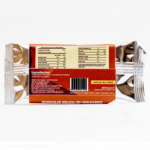 Barra de chocolate 70% cacao con pecanas tostadas Boncacao 30g