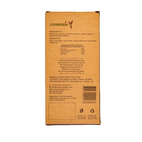Chocolate Bitter 70% Cacao con Arándanos Azules y Rojos Amazonia 90 g