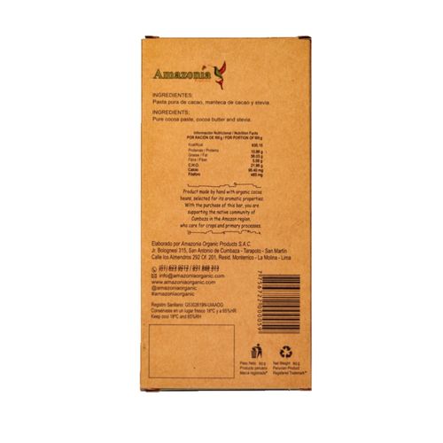 Chocolate Dark Origen Amazonas con Stevia 98% Cacao Amazonia 90 g
