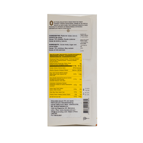 Chocolate Bitter Origen Piura 70% Cacao Maraná 70 g